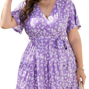 Women Plus Size V Neck Wrap Dress High Waist Short Sleeve Casual Midi Dress